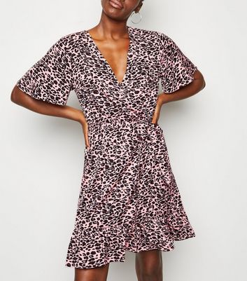 Pink Leopard Print Mini Wrap Dress ...